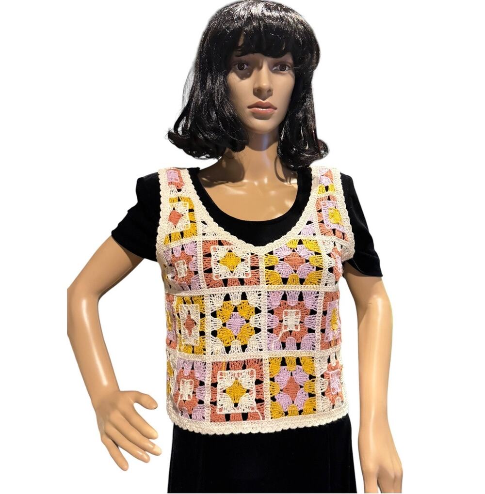 Y2K Rebellion Again Crochet Granny Square Crop Tank XS Boho Festival